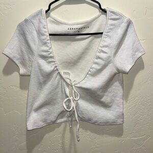 Aeropostale White Ruched Tie-Front Crop Top